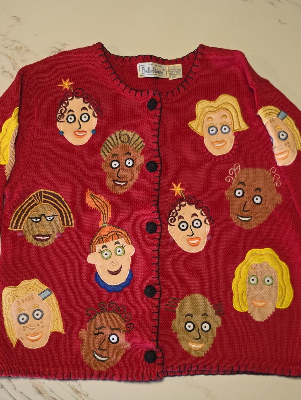 Belle Pointe Vintage Unique Red Embroidered Faces Cardigan Sweater